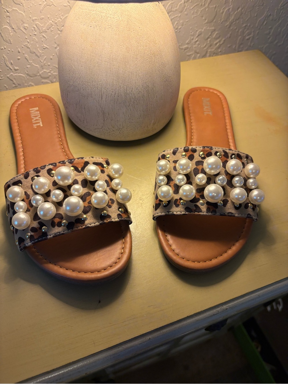 MIA Leopard Print Slide Sandals with Pearl Accents - Brown